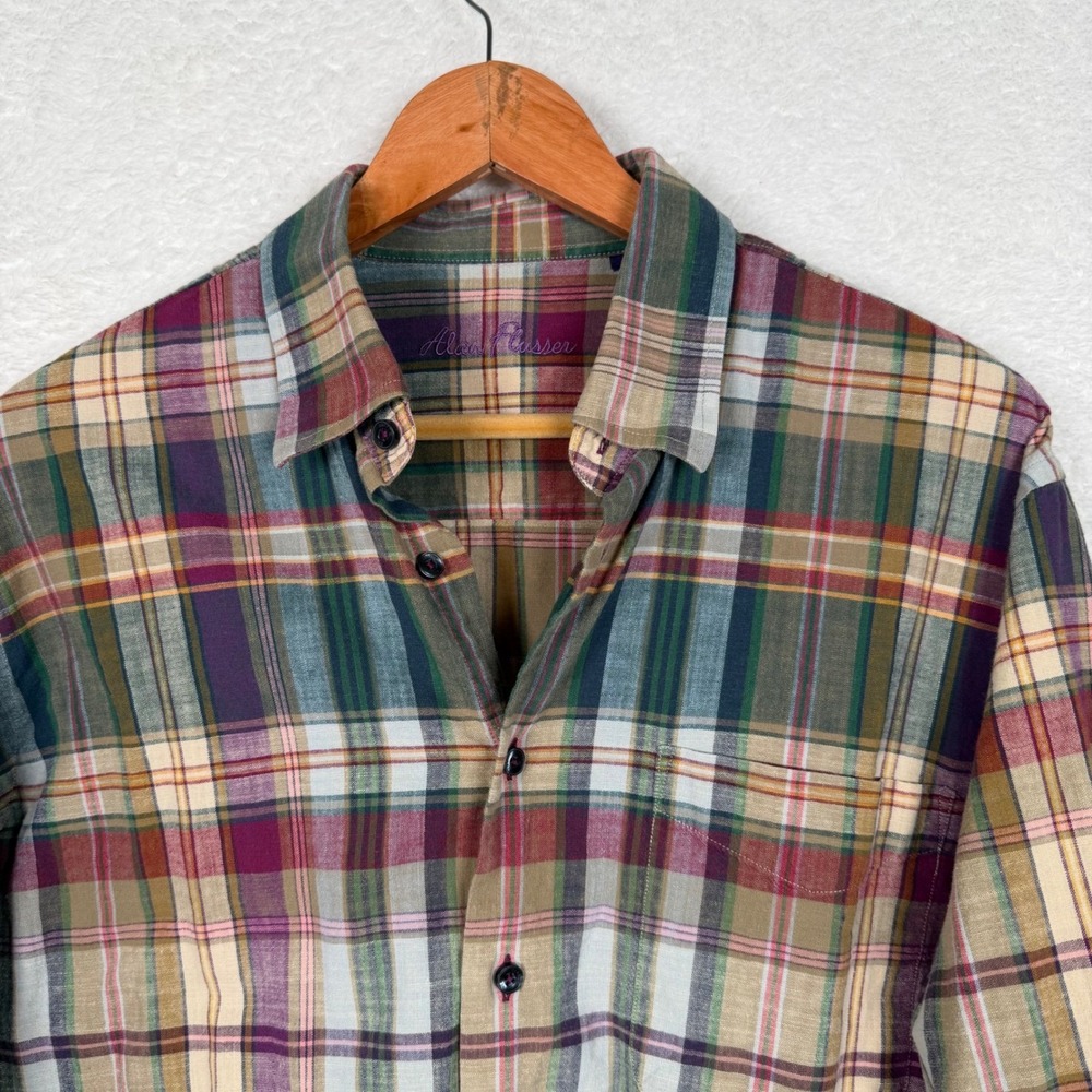 Alan Flusser Button Down Shirt Mens Large Multicolor Plaid Cotton Long Sleeve